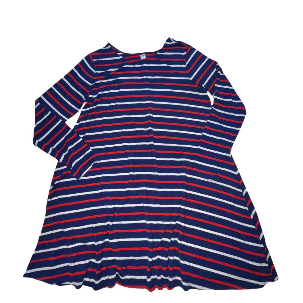 Old Navy Dress Women XL Fit Flare Midi A Line Long Sleeve Red White Blue Stripes - Picture 3 of 10